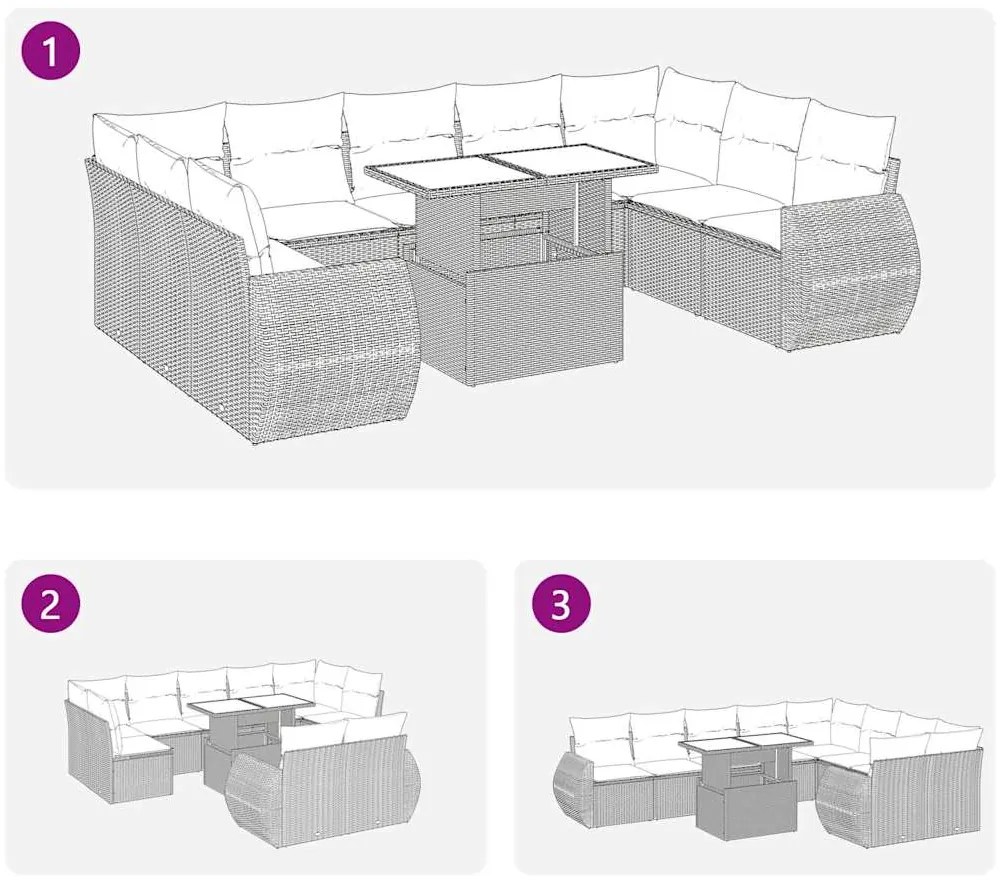 10 pcs conj. sofás jardim com almofadões vime PE cinzento-claro