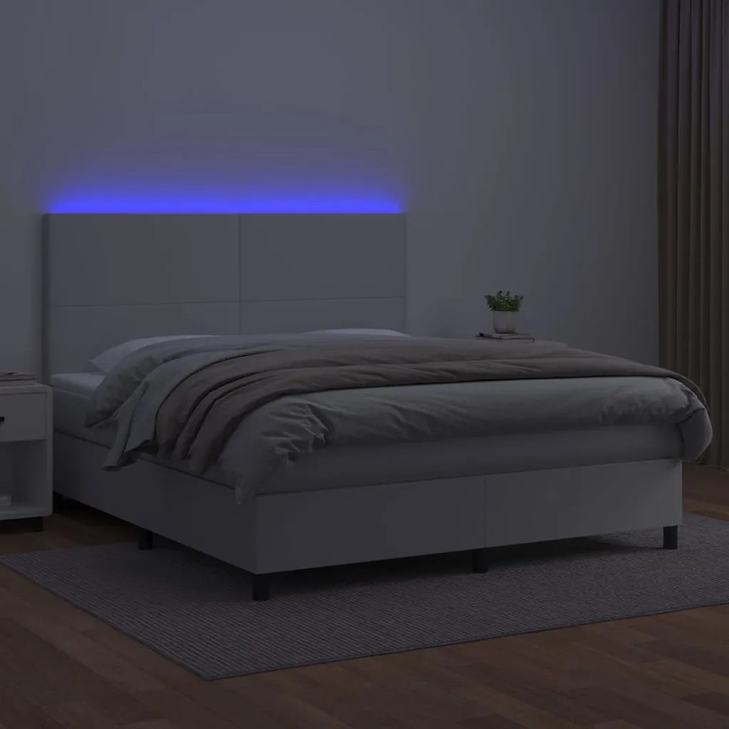 Cama box spring c/colchão/LED 180x200cm couro artificial branco