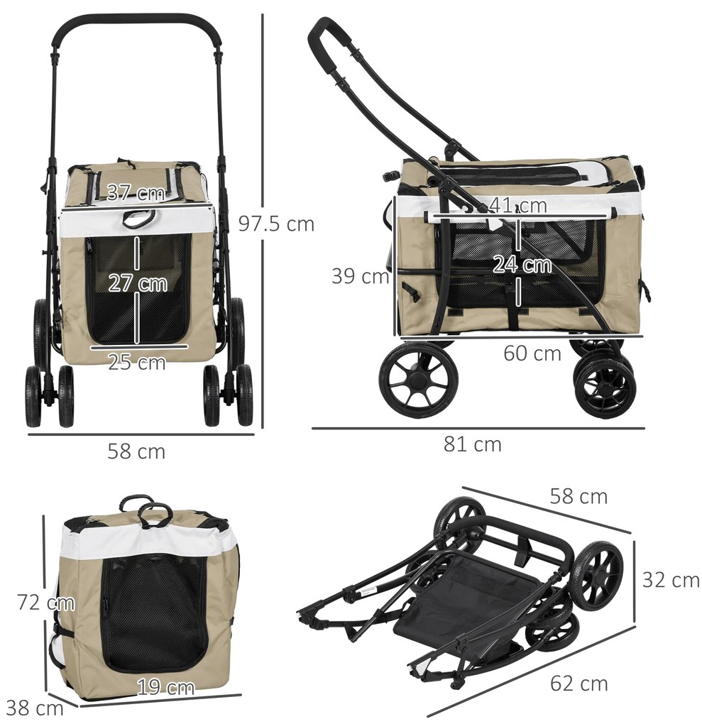 Carrinho para Animais de Estimação Carrinho para Cães Dobrável com Compartimento Desmontável 4 Portas 81x58x97,5 cm Cáqui