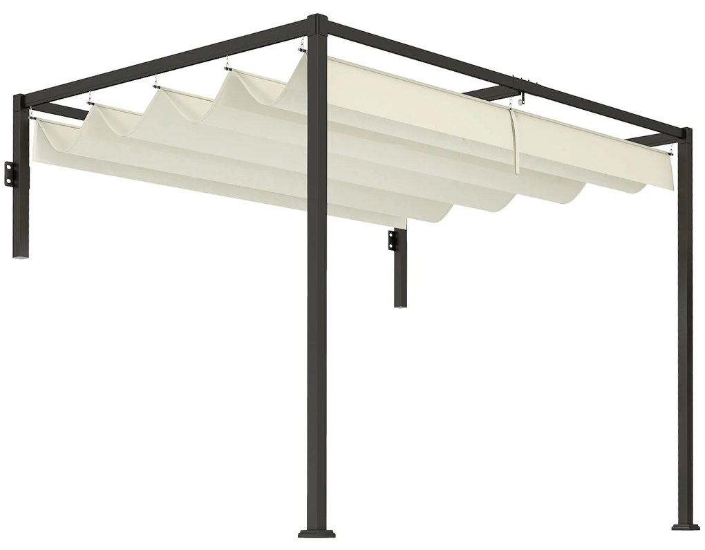 Outsunny Pérgola de Parede 297x211x220 cm Pérgola de Jardim com Teto Retrátil e Estrutura de Aço Pérgola Creme
