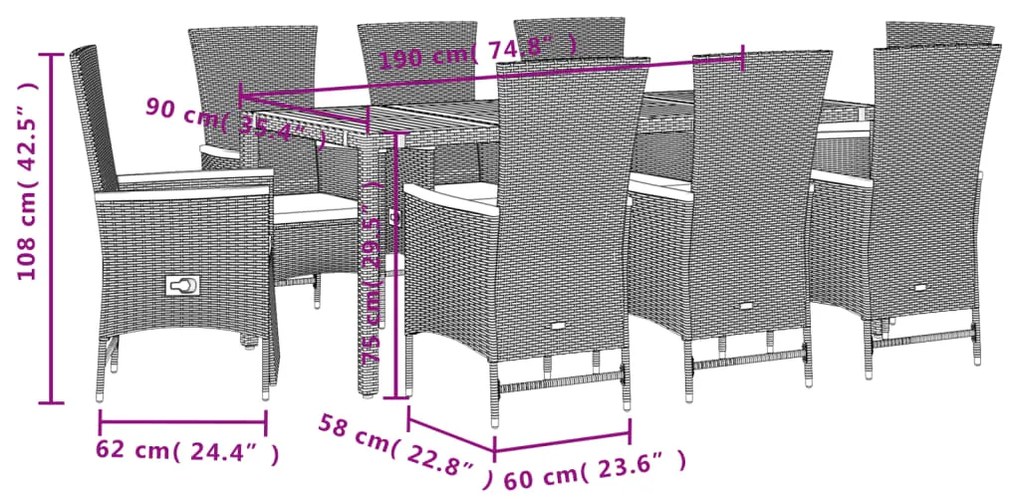 9 pcs conjunto de jantar p/ jardim c/ almofadões vime PE preto