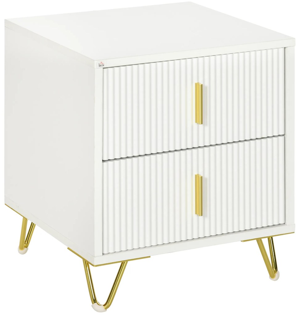 HOMCOM Mesa de Cabeceira com 2 Gavetas Mesa Auxiliar com Pés de Metal para Sala de Estar Dormitório 40x40x47 cm Branco e Dourado