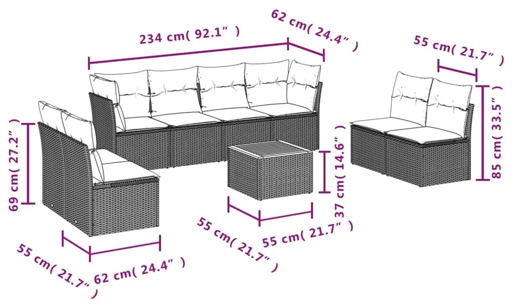 9 pcs conjunto sofás p/ jardim c/ almofadões vime PE cinzento