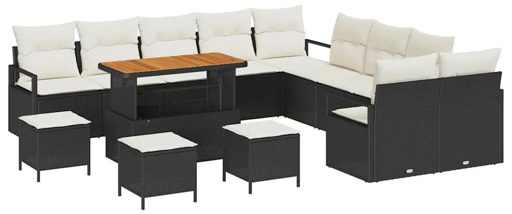 Conjunto de Sofá de Jardim com 14 Peças e Almofadas Preto Vime PE Acác