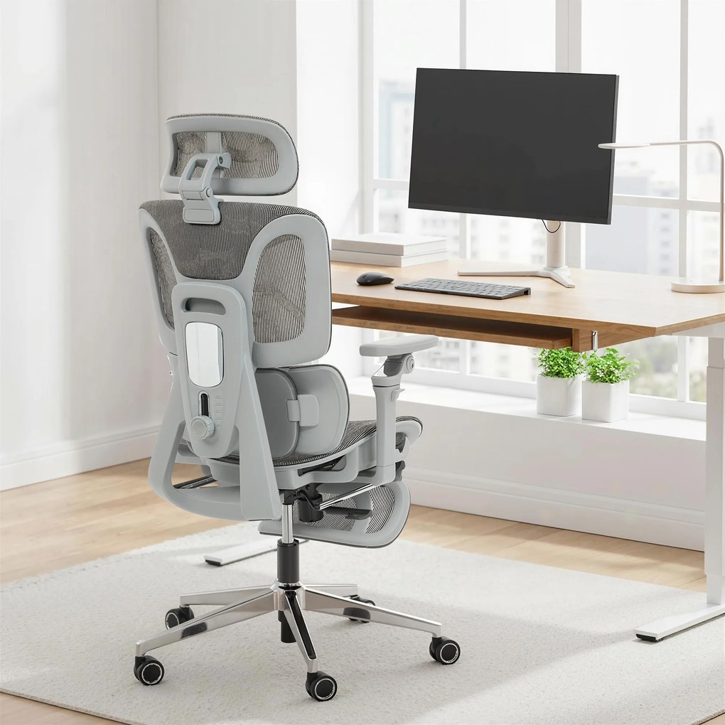 Cadeira de escritório ergonómica com braços, encosto 6D, apoio para a cabeça e profundidade do assento ajustáveis, em malha cinzenta