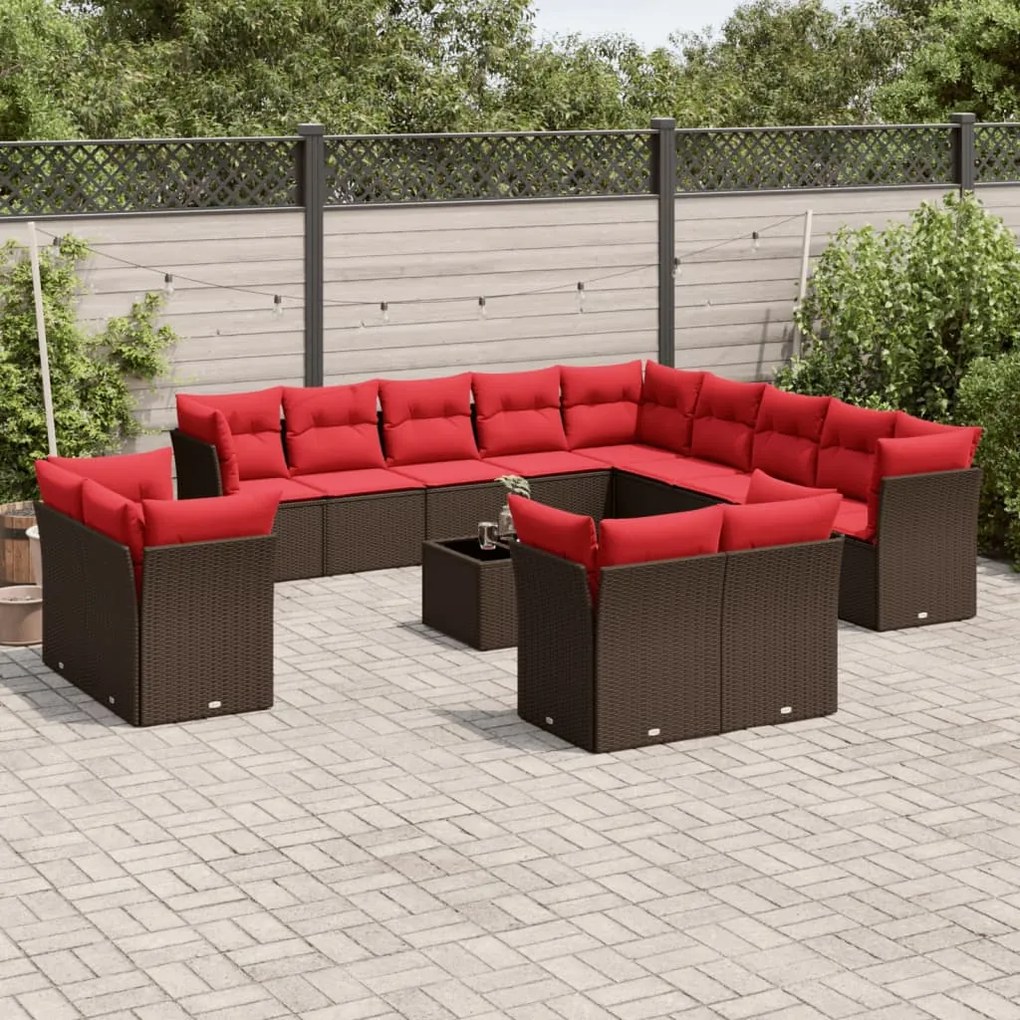 vidaXL 14 pcs conjunto sofás p/ jardim c/ almofadões vime PE castanho