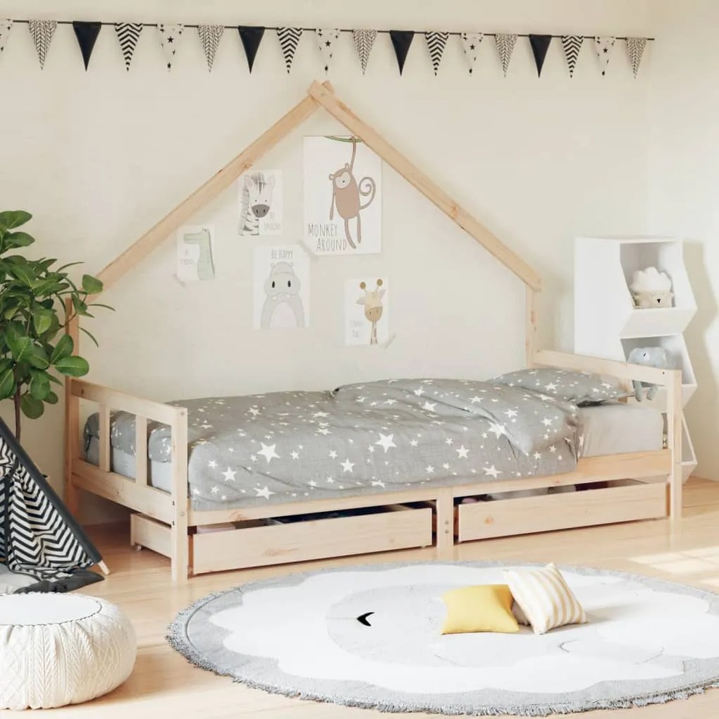 vidaXL Estrutura de cama infantil c/ gavetas 90x200 cm pinho maciço
