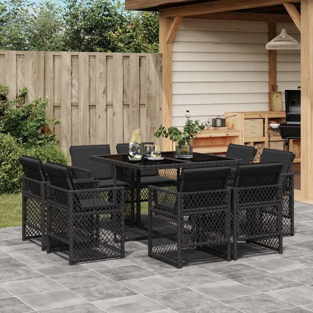 vidaXL 9 pcs conjunto de jantar p/ jardim c/ almofadões vime PE preto