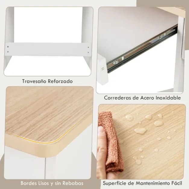 Mesa de estudo para crianças em madeira para computador com tabuleiro para teclado Estantes com gavetas 90 x 45 x 90 cm Natural+Branco