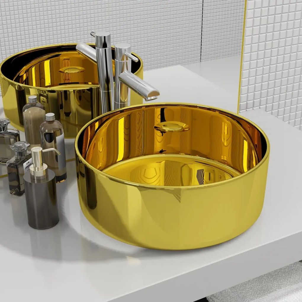 vidaXL Lavatório 40x15 cm cerâmica dourado
