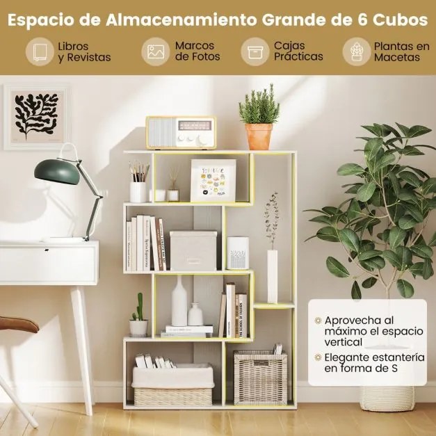 Estante em forma de S com 4 níveis, 6 compartimentos abertos e 2 dispositivos antiderrapantes para escritório ou estúdio, 80 x 30 x 119 cm, branco