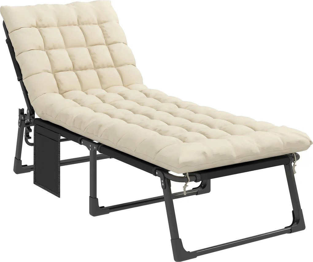 Outsunny Espreguiçadeira Dobrável Larga para Jardim com Encosto Reclinável 5 Posições, Colchão Acolchoado, Apoio de Cabeça, Bolsa Lateral | Aosom Portugal