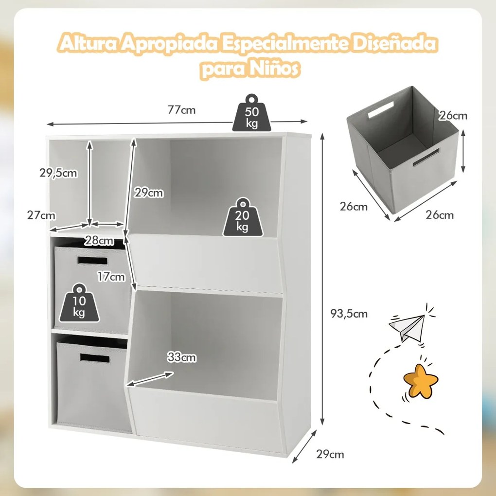 Estante infantil de 5 cubículos com 2 recipientes de tecido Estante de arrumação com compartimentos abertos para quarto de bebé Branco