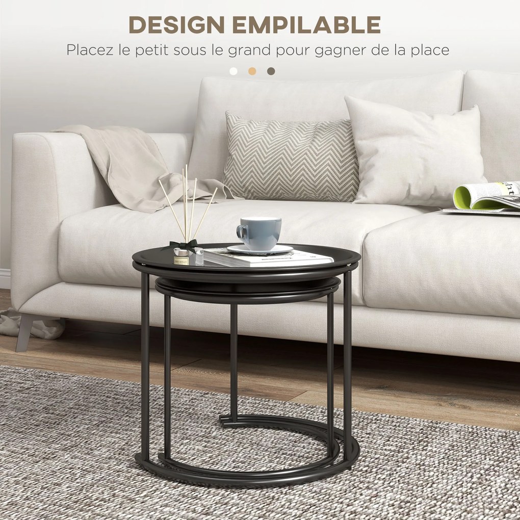 Conjunto de 2 mesas de centro redondas encaixáveis com tampos removíveis, estilo industrial, em aço, Ø 43 e Ø 35 cm, preto
