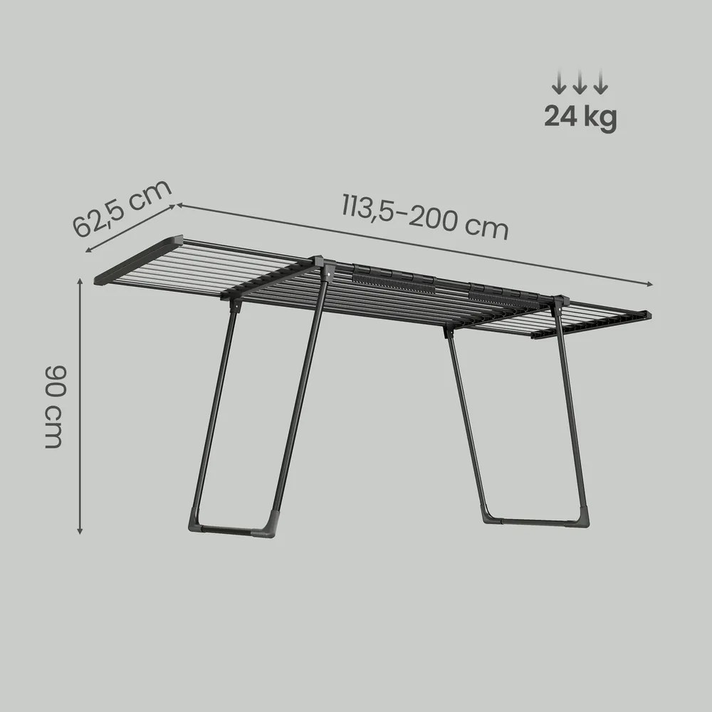 Estendal roupa 62,5 x (113,5-200) x 90 cm, secador de roupa de pé, braços extensíveis preto