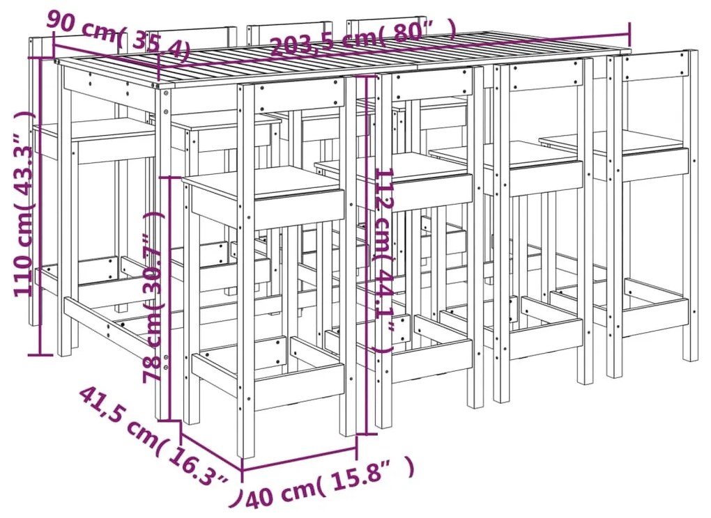9 pcs conjunto de bar para jardim pinho maciço