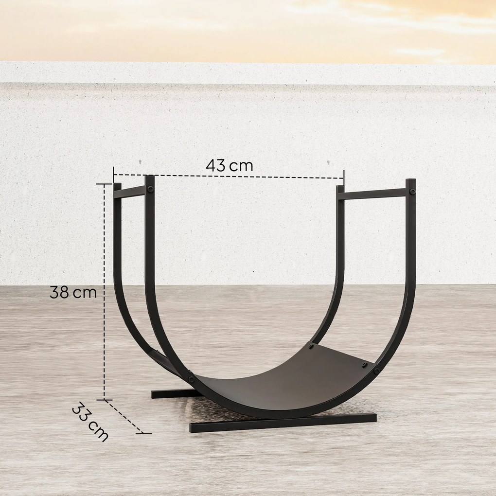 Porta-lenha curvo e robusto para interior e exterior, estrutura em metal, 43 x 33 x 38 cm, preto