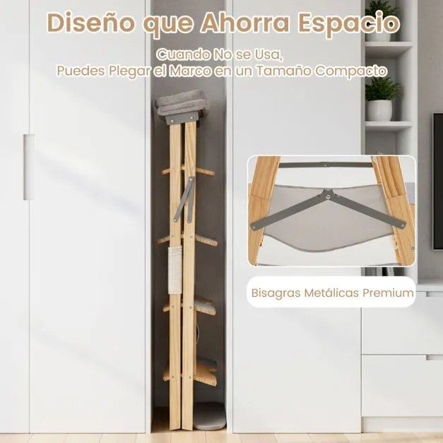 Arranhador para gatos em madeira dobrável com escada Torre alta em pinho maciço de 5 níveis cinzento