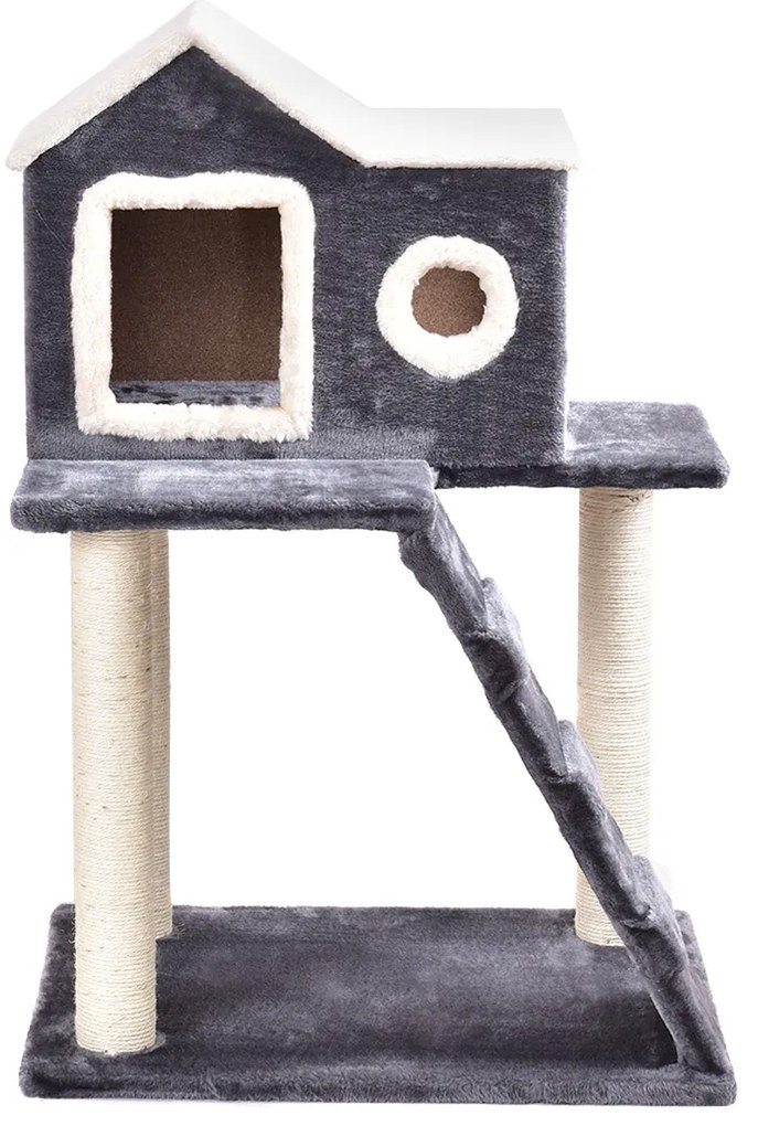 Torre de madeira para gatos de 88 cm de altura com poste arranhador de sisal, tapete, bola pendurada e poleiro superior - cinza
