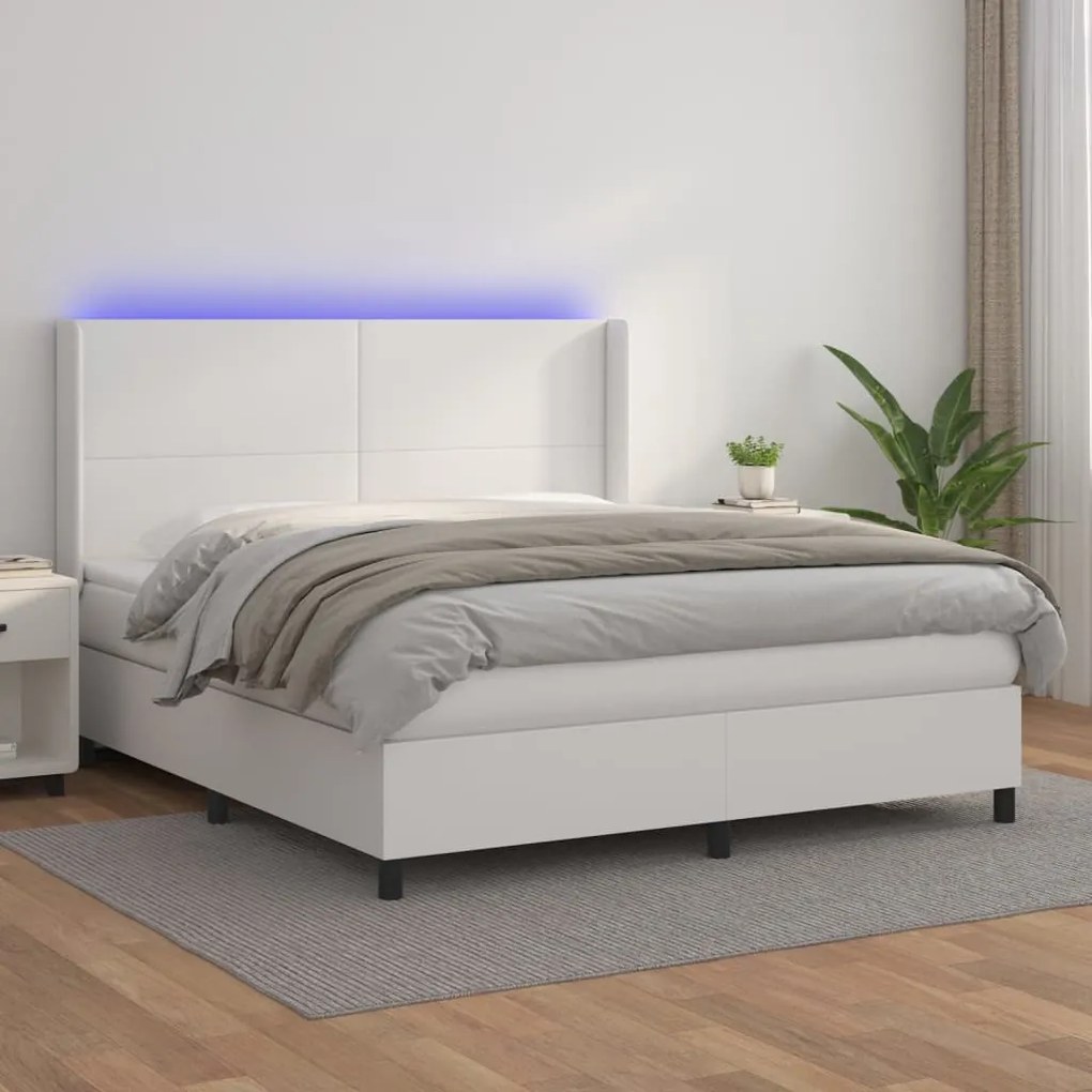 vidaXL Cama box spring c/colchão/LED 160x200cm couro artificial branco
