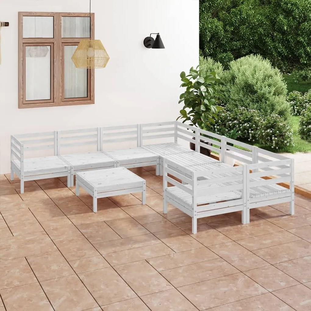 3083250 vidaXL 9 pcs conjunto lounge de jardim pinho maciço branco