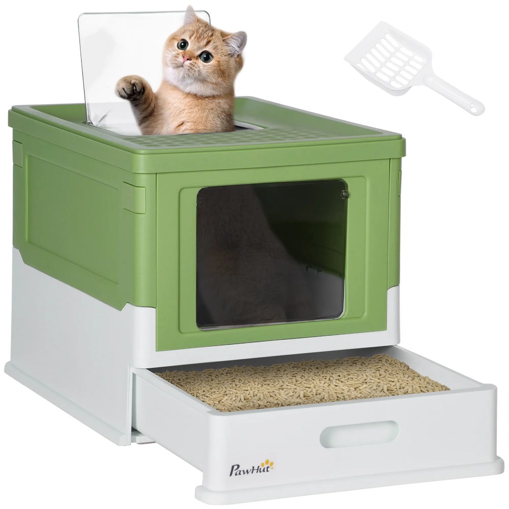 Caixa de Areia para Gatos Dobrável Caixa de Areia para Gatos Fechada com Bandeja Removível 47,5x35,5x36,7cm Verde Claro