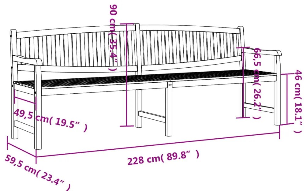 Banco de jardim 228x59,5x90 cm madeira de teca maciça