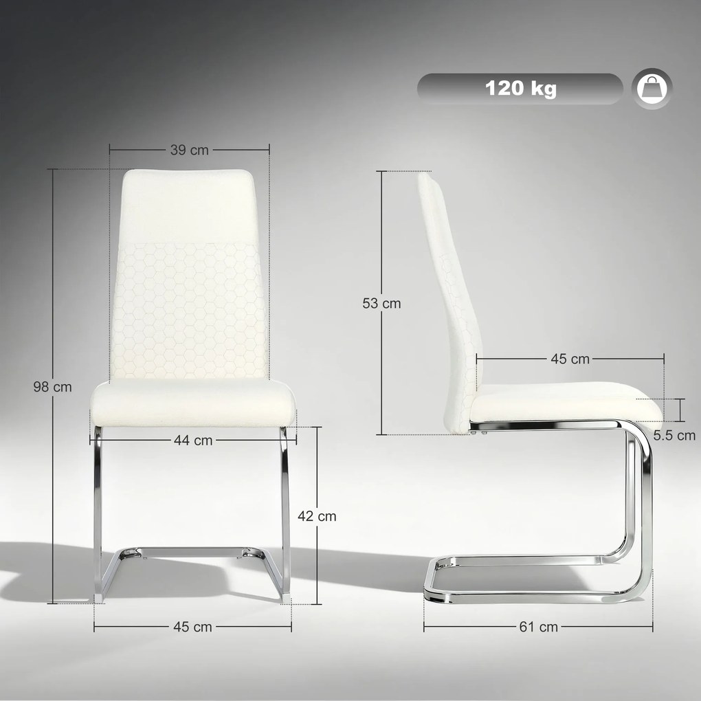 Conjunto de 4 Cadeiras de Sala de Jantar (MESA NÃO INCLUIDA) com Assento Acolchoado e Pés de Metal Cadeiras Cantilever Modernas 45x61x98 cm Creme