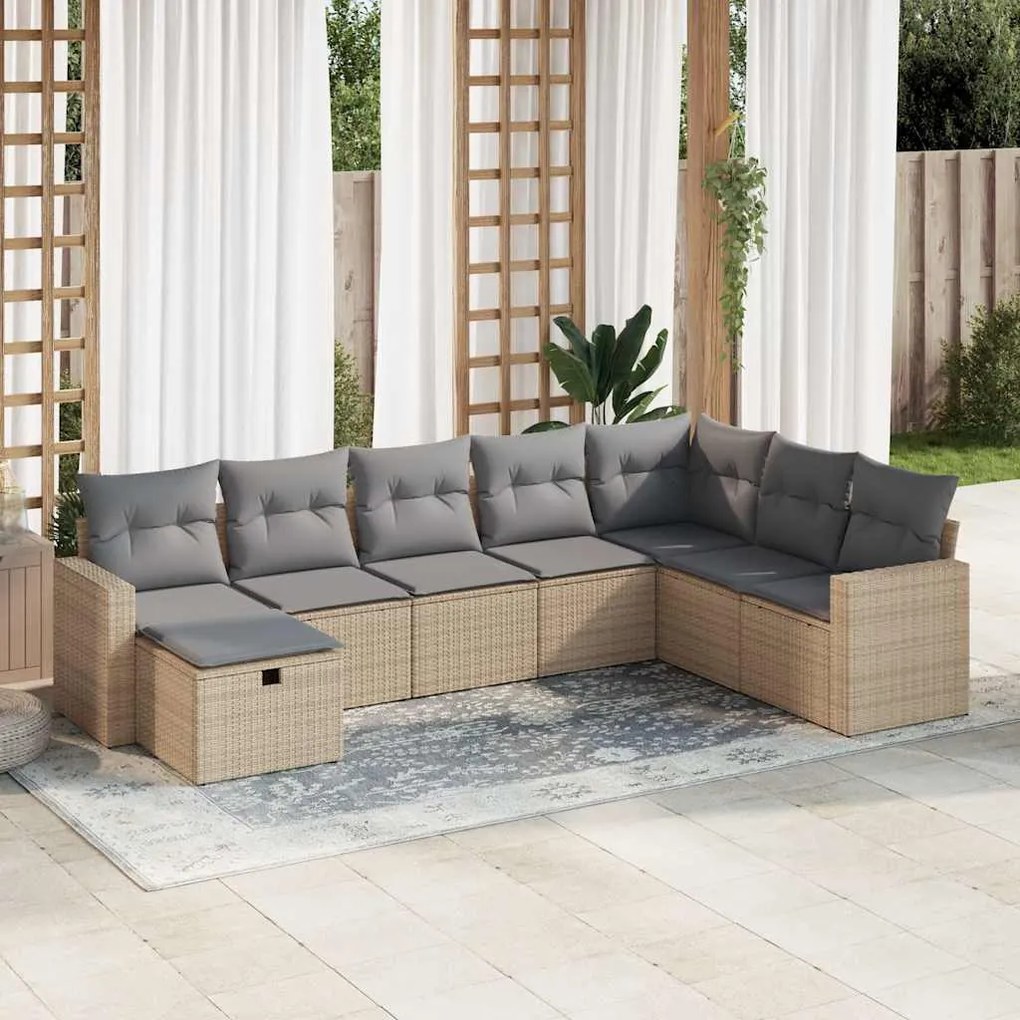 8 pcs conjunto de sofás p/ jardim com almofadões vime PE bege