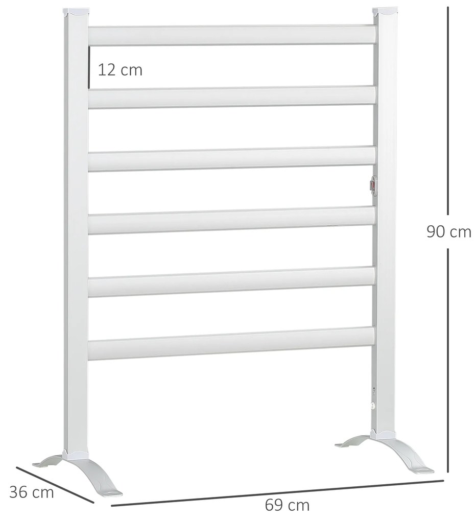 Toalheiro Elétrico para Casa de Banho 140W IPX4 Aquecedor de Toalhas Parede ou Chão com 6 Barras Liga de Alumínio 90x36x69cm Prata