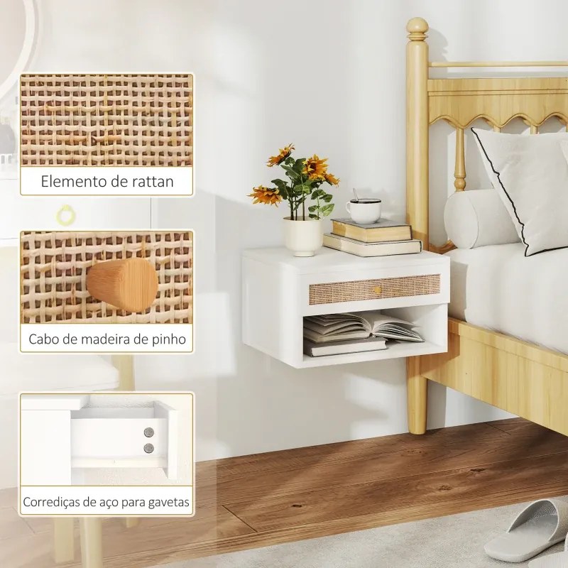 Conjunto de 2 Mesas de Cabeceiras Suspensas 40x34x23 cm com Compartimento Aberto e Gaveta com Frente em Vime Branco