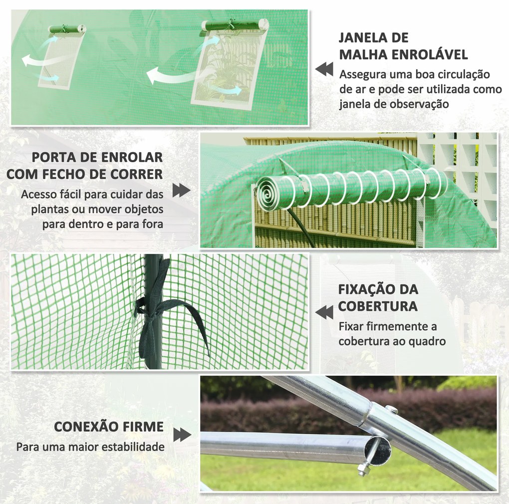 Estufa Tipo Túnel 3x3x2 m com Paredes Laterais Enroláveis 4 Janelas de Malha e Porta Enrolável com Fecho de Correr Verde
