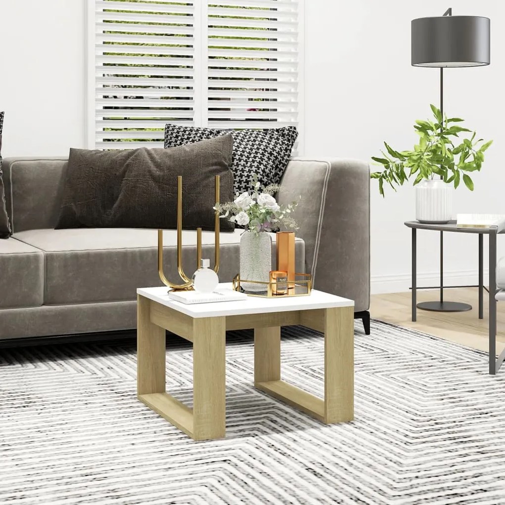 vidaXL Mesa de apoio 50x50x35 cm contraplacado carvalho sonoma/branco