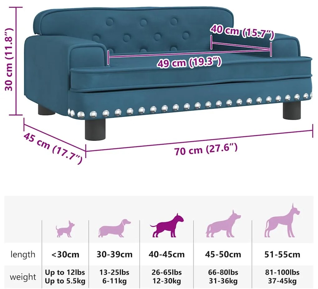 Cama para cães 70x45x30 cm veludo azul