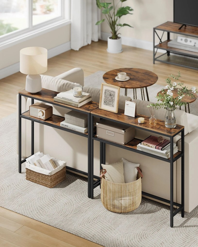 Mesa consola com 2 prateleiras 20 x 80 x 80 cm preto e castanho vintage