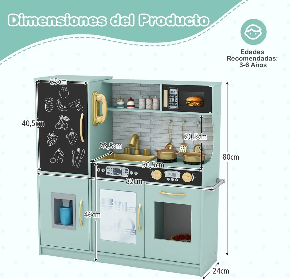Cozinha de brincar para crianças 82 x 24 x 80 cm com quadro negro, telefone, fogão, máquina de lavar louça, máquina de gelo e forno com sons reais, ve