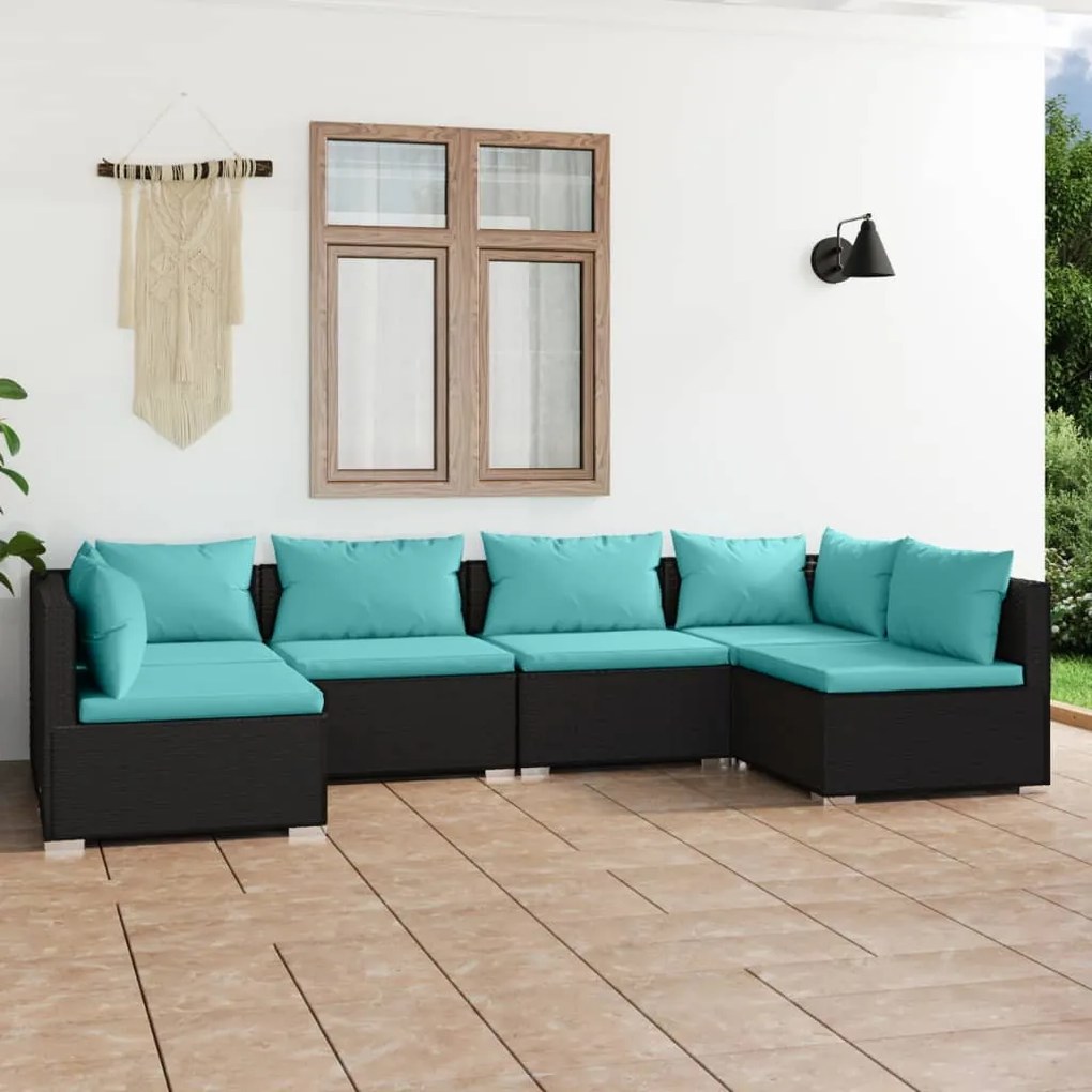 vidaXL 6 pcs conjunto lounge de jardim c/ almofadões vime PE preto