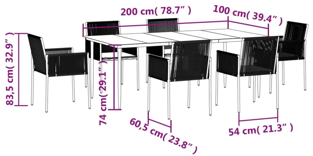 7 pcs conjunto jantar p/ jardim c/ almofadões vime PE/aço preto