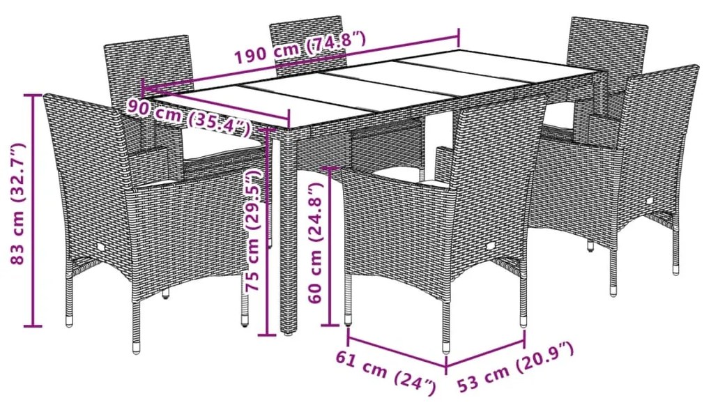 7 pcs conjunto jantar jardim c/ almofadões vime PE/acácia preto