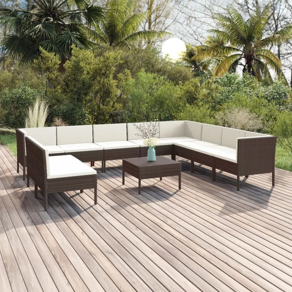 vidaXL 11 pcs conjunto lounge jardim c/ almofadões vime PE castanho