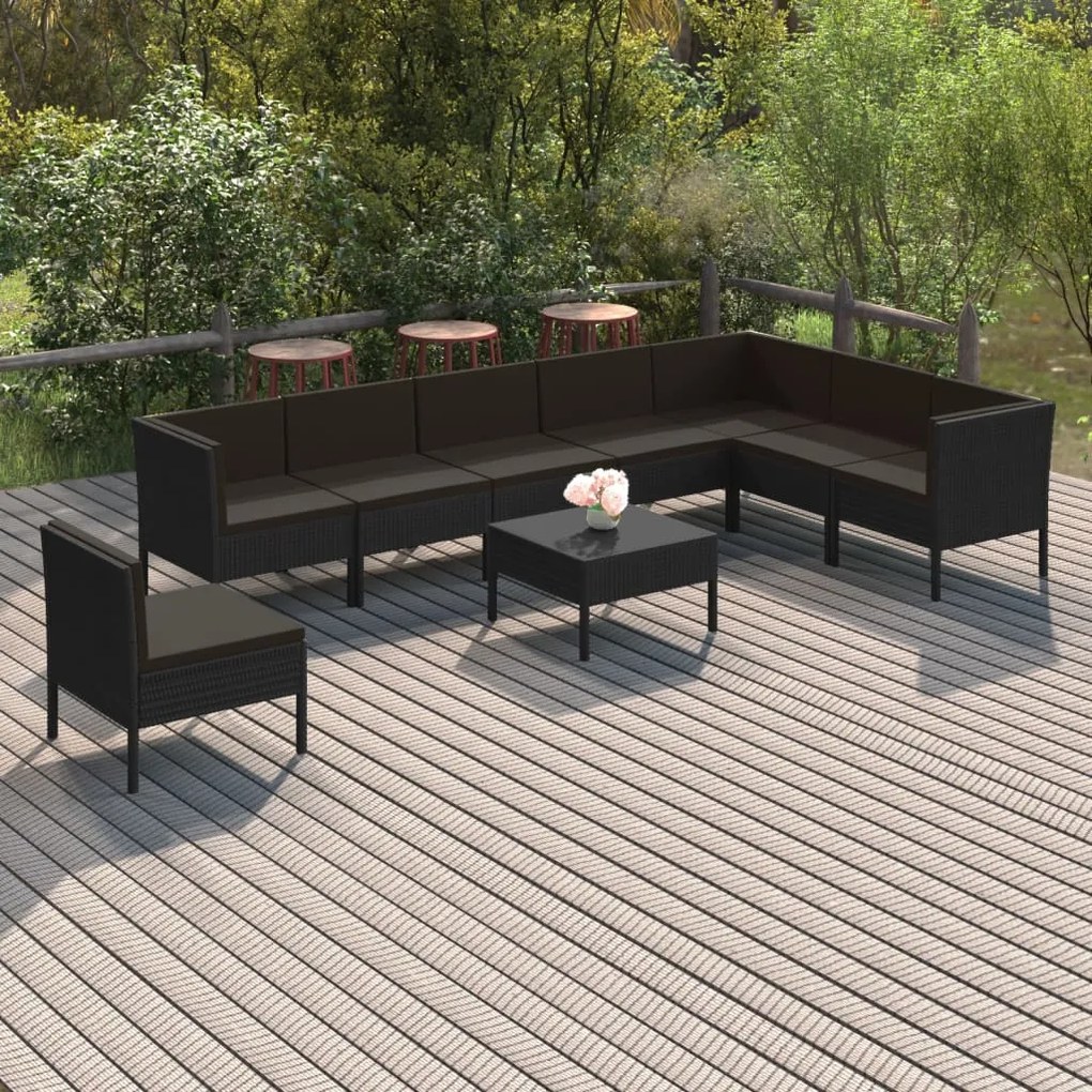 vidaXL 9 pcs conjunto lounge de jardim c/ almofadões vime PE preto