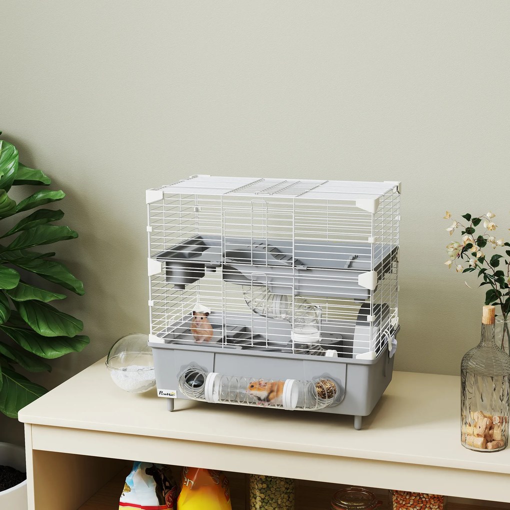 Gaiola para hamster de 2 andares com roda de corrida e banheira de areia para hamster anão 44,5 x 28 x 44 cm cinzenta