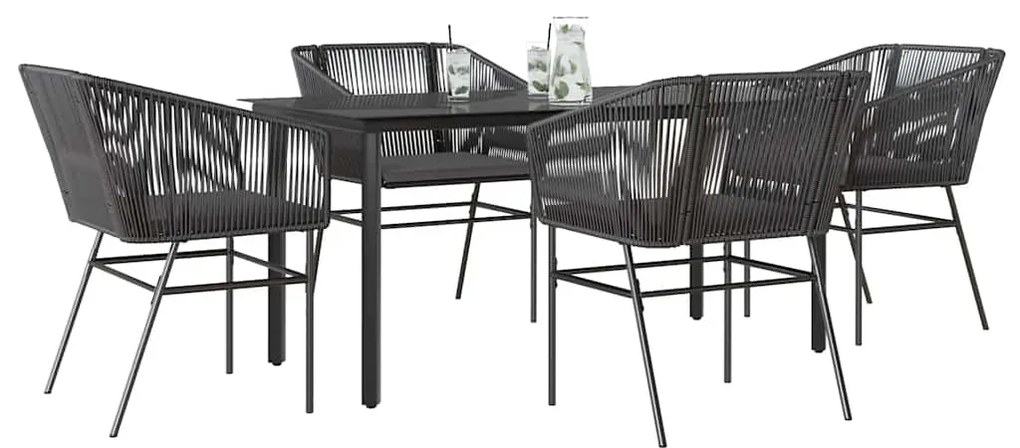Conjunto de jantar jardim 5 peças almofadas vidro vime PE preto