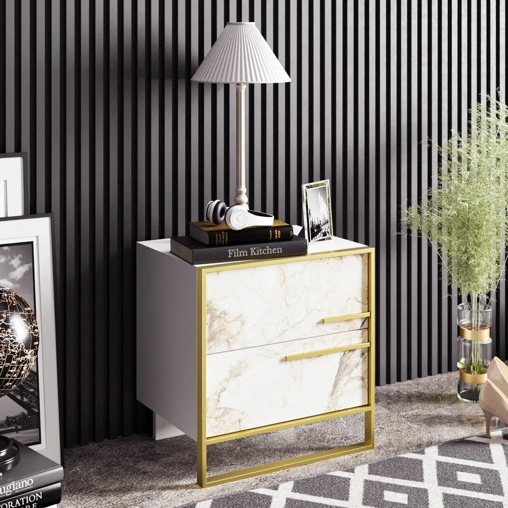 Mesa de Cabeceira Polka – Dourado e Branco – 50x51,8x38,5 cm
