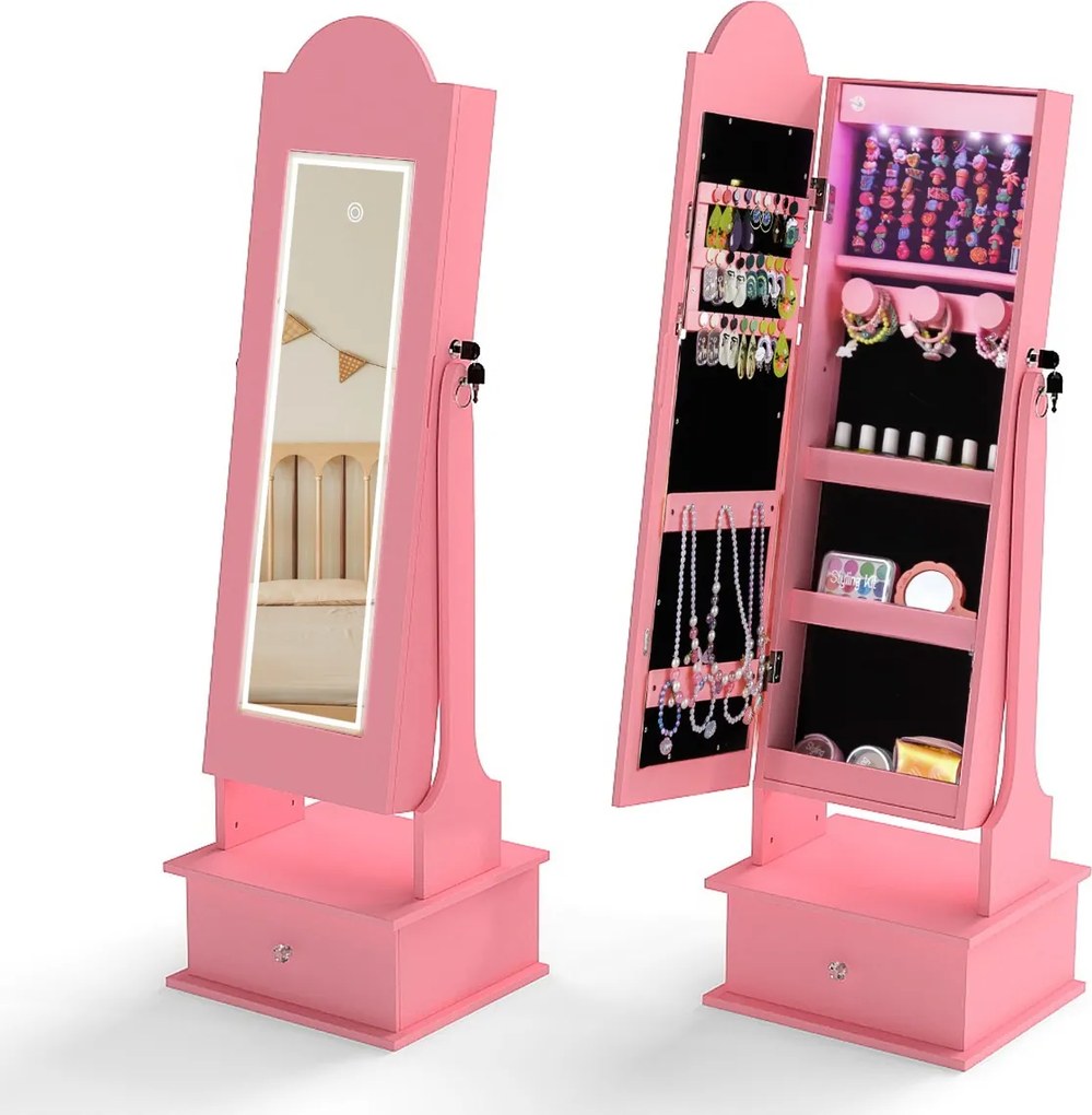 Armário para joias infantil 34 x 30 x 113 cm com espelho de corpo inteiro e 2 ângulos ajustáveis, 4 luzes internas, para meninas rosa