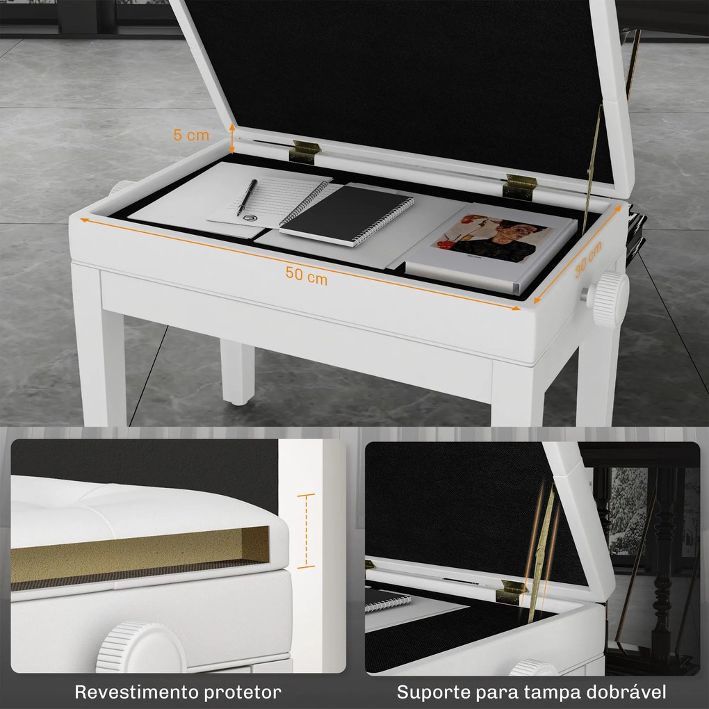 Banco de Piano com Espaço de Armazenamento e Altura Ajustável Carga 200 kg 54,5x33x48-58 cm Branco