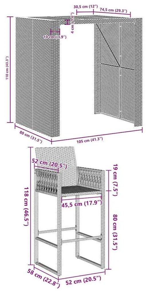 5 pcs conj. de bar jardim sem almofadões vime PE/acácia preto