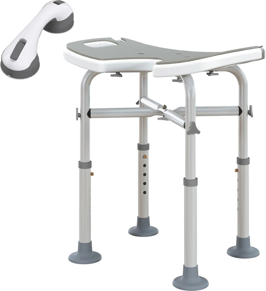 Banco de duche com assento, altura ajustável de 39 a 51,5 cm, barra de apoio com ventosas e patins com ventosas, cinzento