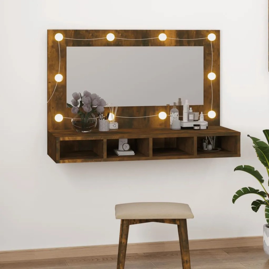 820457 vidaXL Armário espelhado com LED 90x31,5x62 cm carvalho fumado