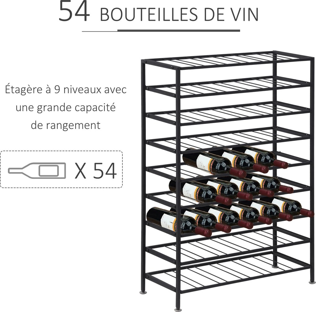 Garrafeira, Estante para garrafas de vinho com capacidade para 54 garrafas, dimensões: 63 x 25 x 91 cm, metal preto